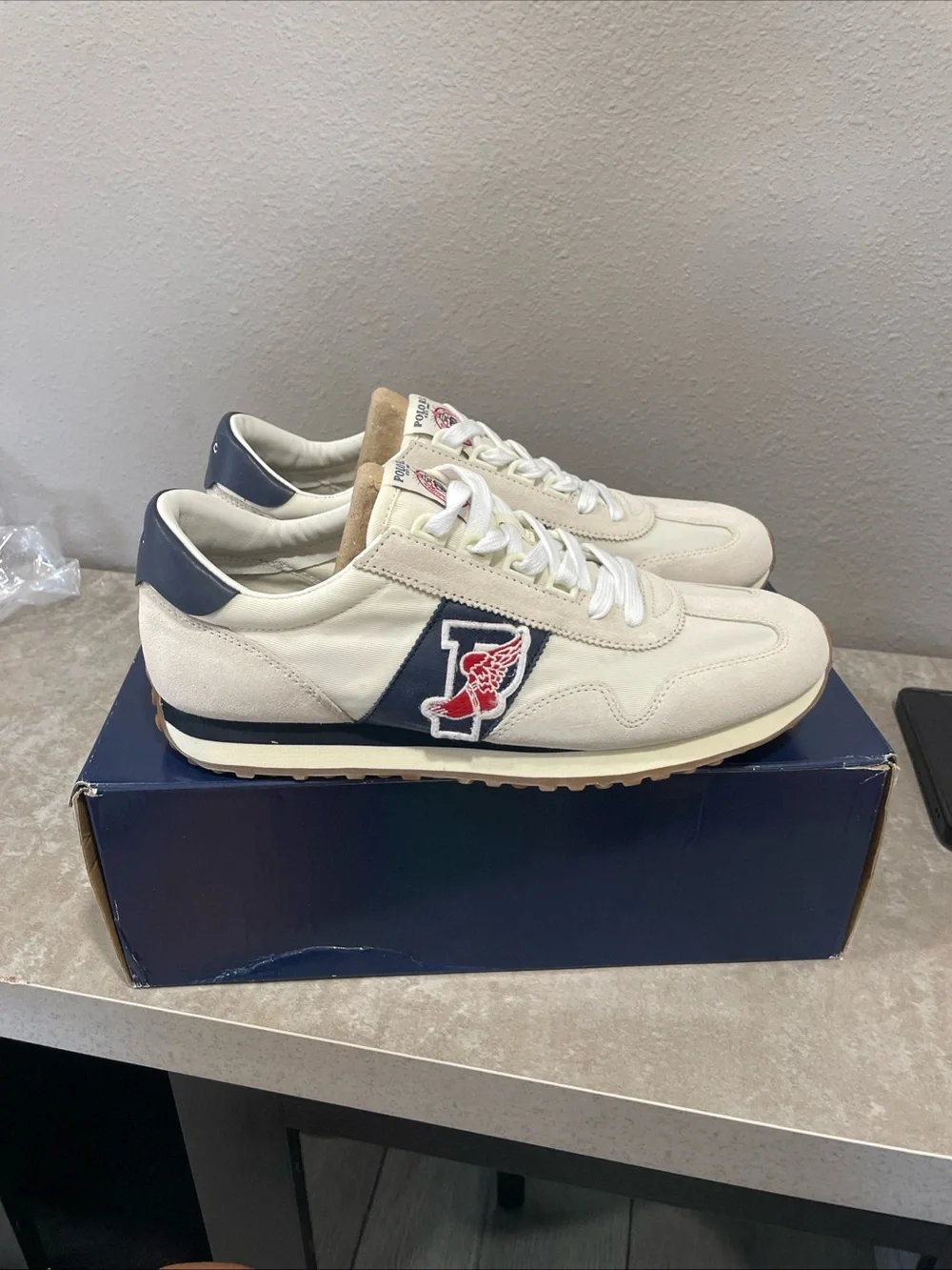Polo by Ralph Lauren Men’s Cream, Navy & Red Athletic Sneakers